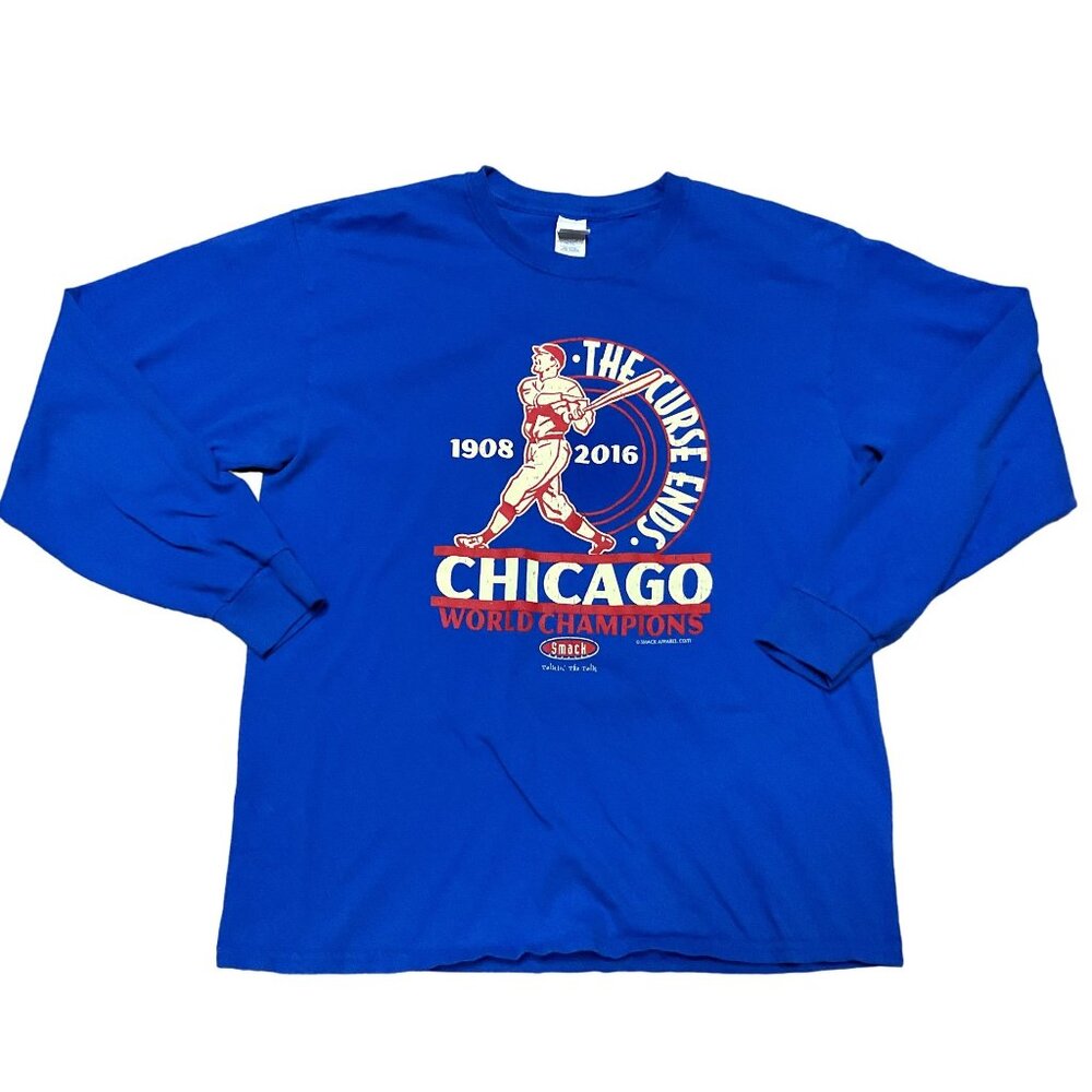 Chicago Cubs Long Sleeve T-Shirt Sz L Blue World Champs "The Curse Ends" Mens